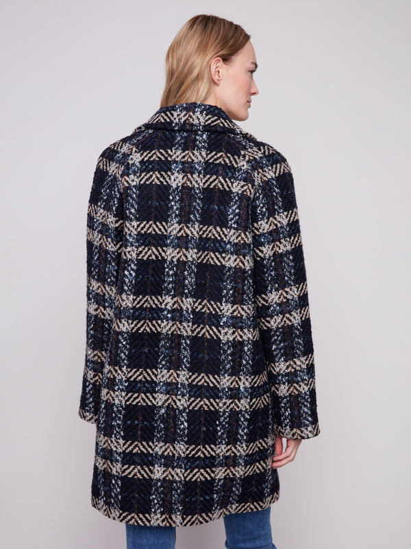 Navy plaid boucle coat with practical welt pockets, perfect for any occasion by Charlie B.