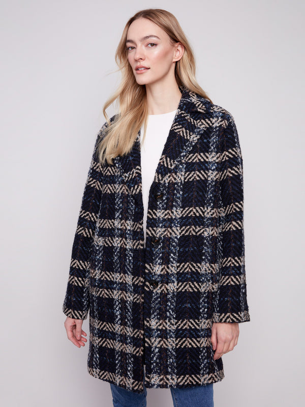 Plaid Bouclé Coat - Navy