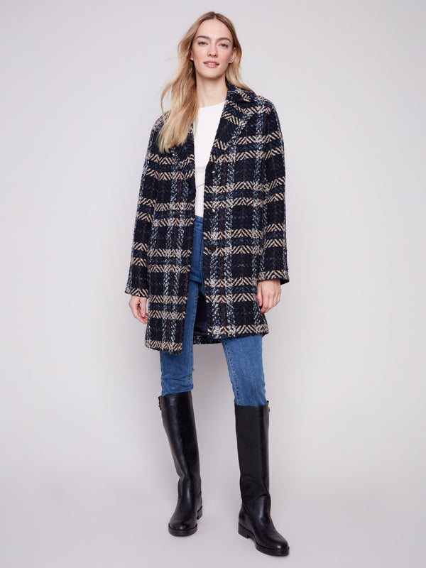 Plaid Bouclé Coat - Navy