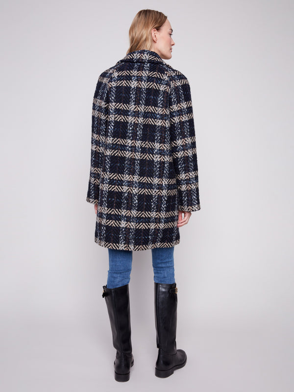 Plaid Bouclé Coat - Navy