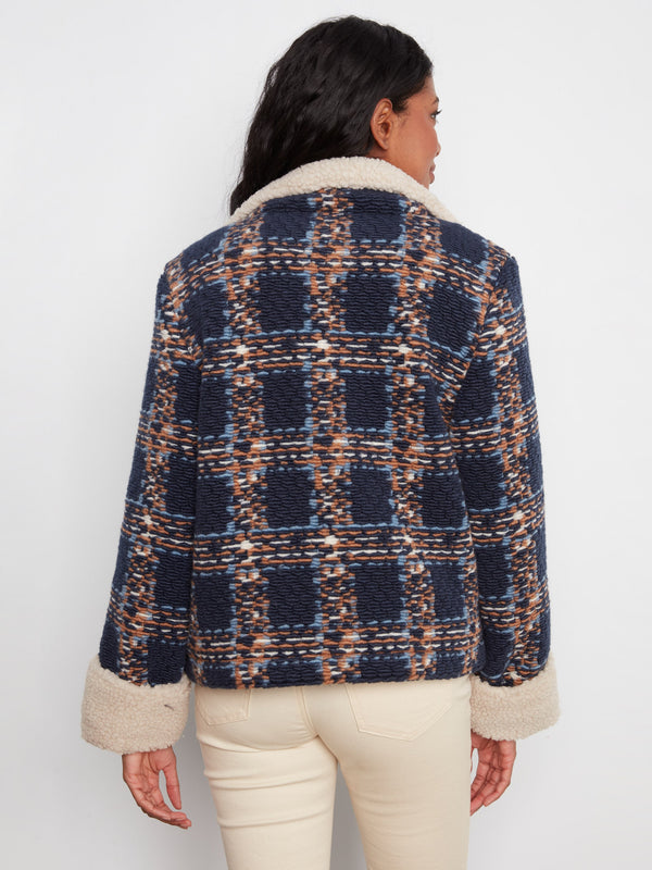 Plaid Bouclé Jacket With Sherpa Trim - Navy
