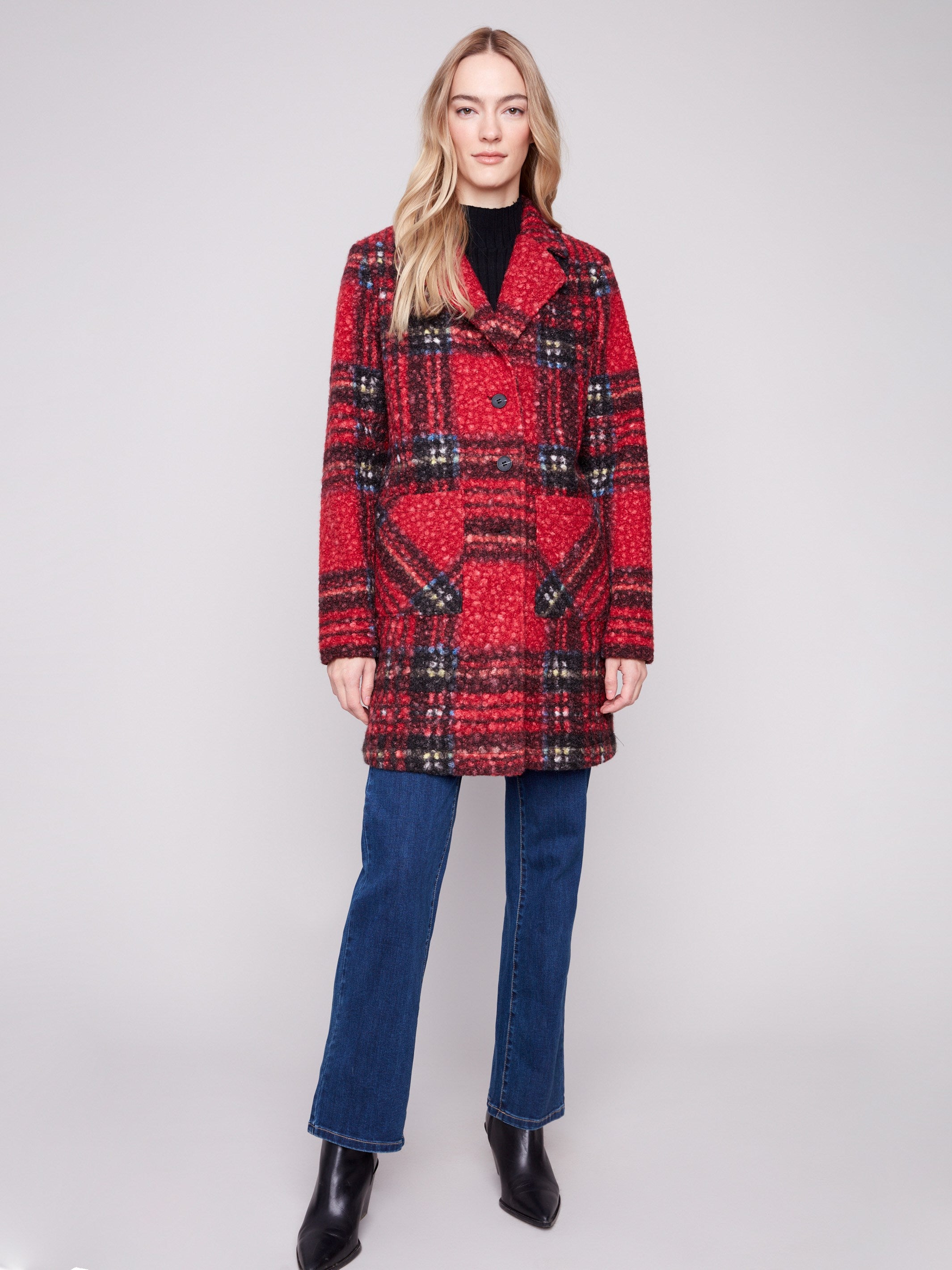 Cranberry plaid boucle knit coat with a chic tailored collar, ideal for stylish layering and comfort by Charlie B.