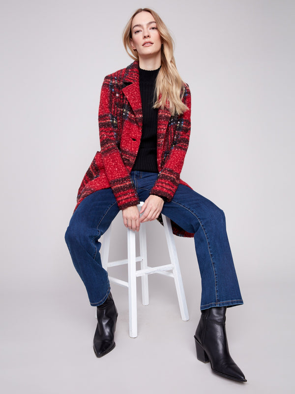 Stay cozy with this cranberry plaid boucle knit coat, showcasing practical patch pockets for added functionality by Charlie B.