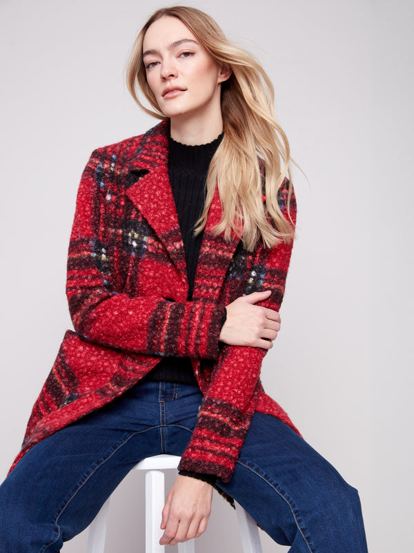 Elevate your wardrobe with this cranberry plaid boucle knit coat, complete with a sophisticated tailored collar by Charlie B.