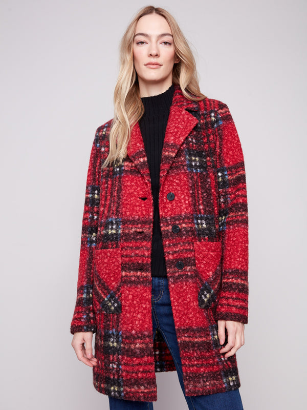 Cranberry plaid boucle knit coat designed with convenient patch pockets to keep essentials close at hand by Charlie B.