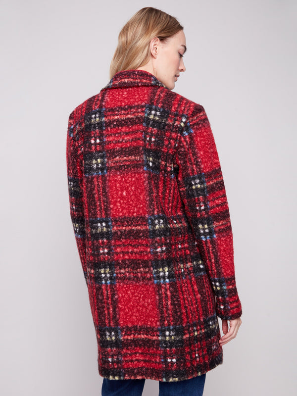 Stay cozy and chic in this cranberry plaid boucle knit coat, complete with stylish patch pockets for added flair by Charlie B.