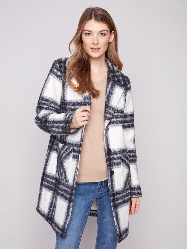 Chic boucle knit coat in a classic plaid design, complete with functional patch pockets for added style and utility by Charlie B.