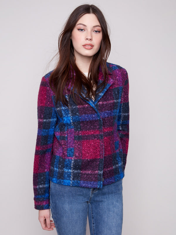 Plaid boucle knit short coat featuring hidden snap closure, with navy and magenta tones adding a vibrant flair by Charlie B.