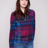 Plaid boucle knit short coat featuring hidden snap closure, with navy and magenta tones adding a vibrant flair by Charlie B.