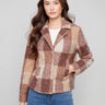 Mocha plaid short coat featuring hidden snap closure and welt pockets for a sleek look by Charlie B.