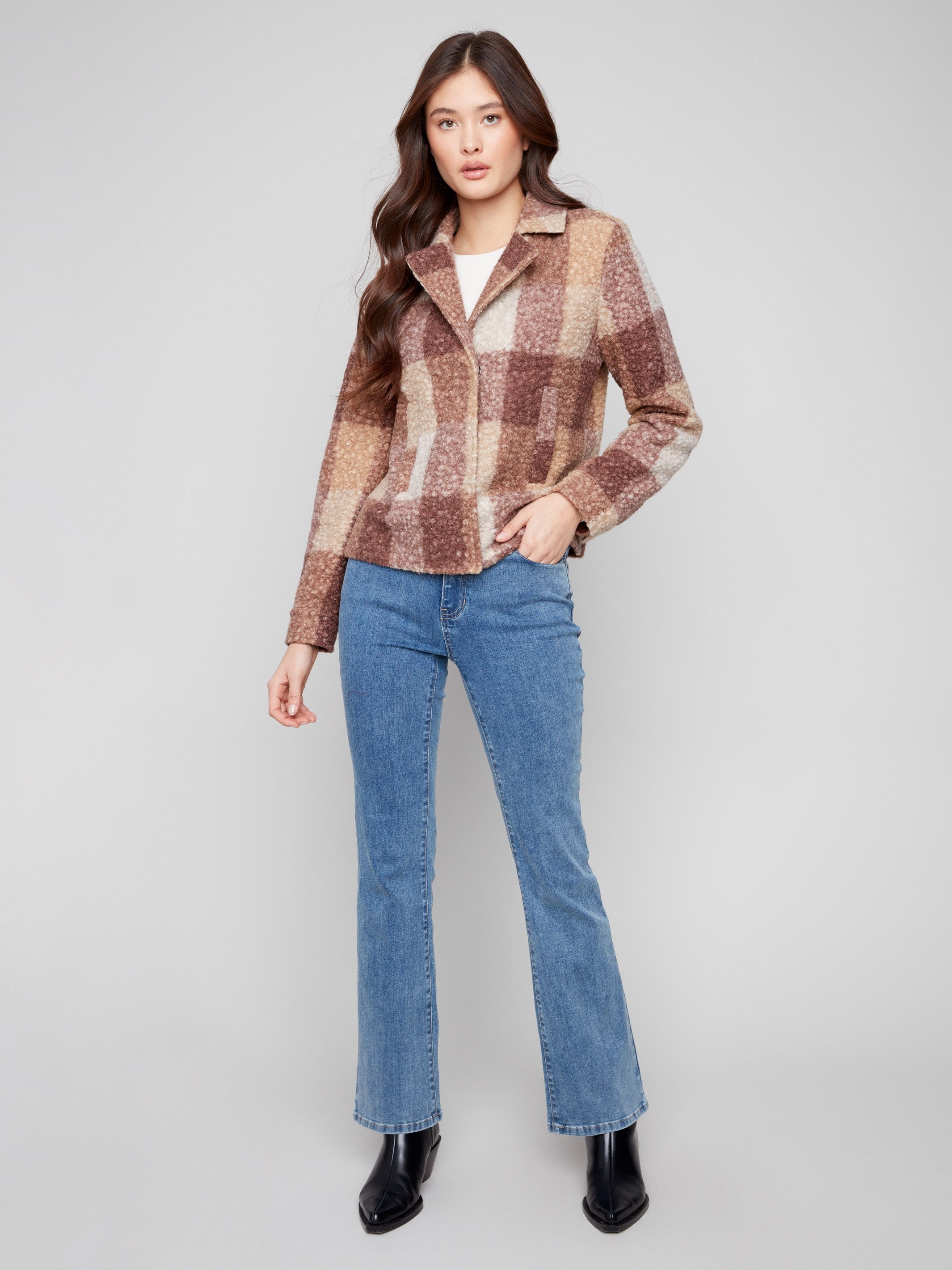 Plaid boucle knit coat with notch lapel collar, offering both style and comfort by Charlie B.