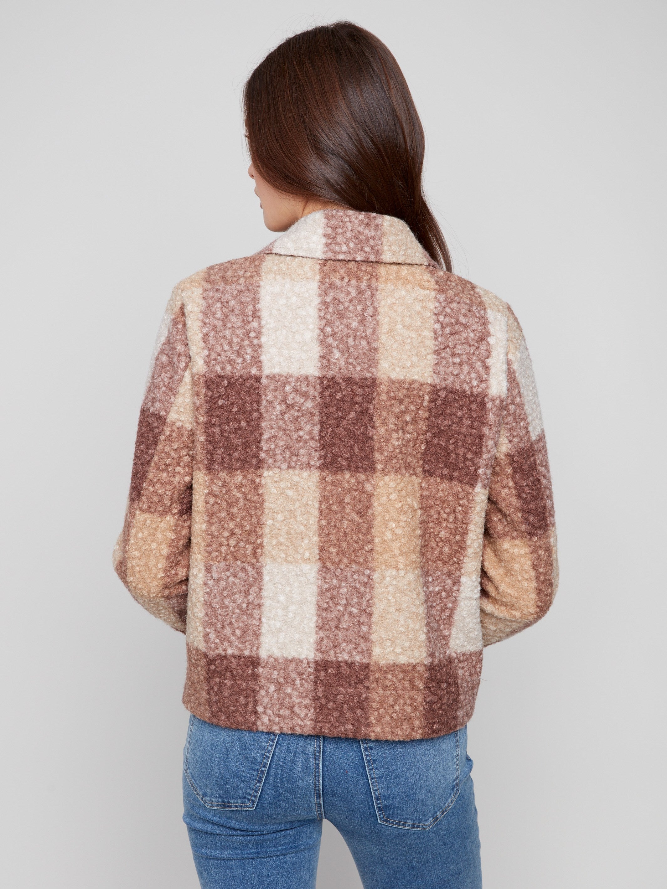 Chic boucle knit fabric in a mocha plaid pattern, ensuring warmth and elegance by Charlie B.