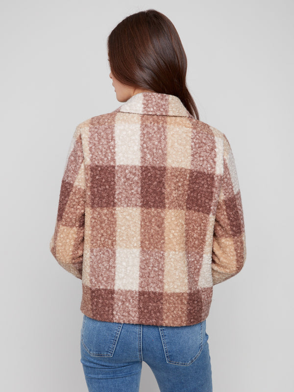 Chic boucle knit fabric in a mocha plaid pattern, ensuring warmth and elegance by Charlie B.
