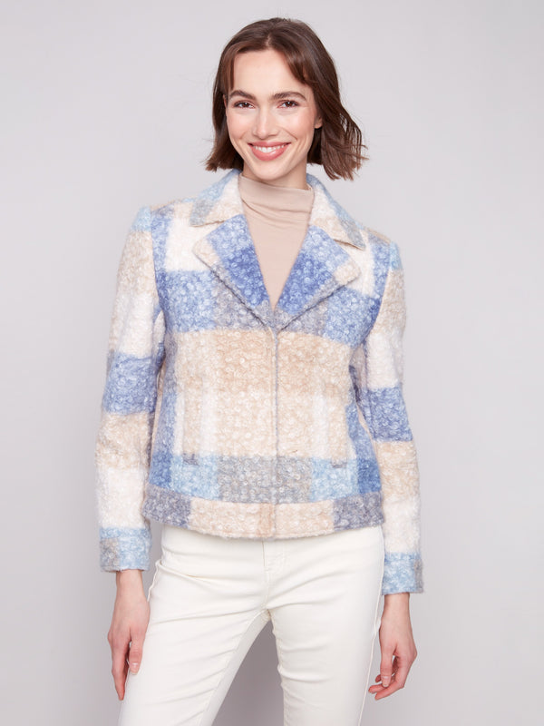 Plaid boucle knit short coat featuring a stylish notch lapel collar in blue and beige tones, perfect for any occasion by Charlie B.