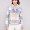 Plaid boucle knit short coat featuring a stylish notch lapel collar in blue and beige tones, perfect for any occasion by Charlie B.