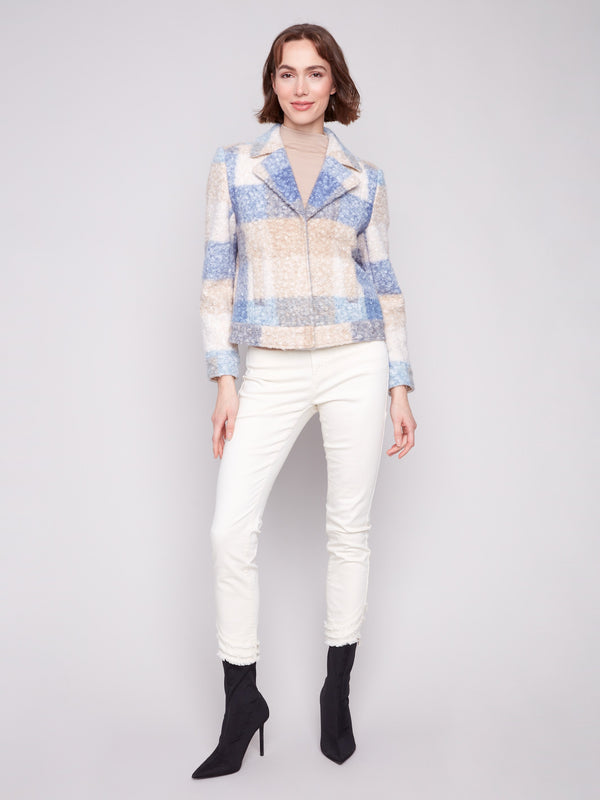 Elegant plaid short coat with bouclé knit fabric in soothing blue and beige hues, designed with hidden snaps for a sleek look by Charlie B.