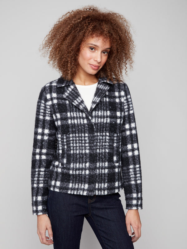 Plaid boucle knit short coat featuring hidden snaps closure and stylish design for a chic look by Charlie B.