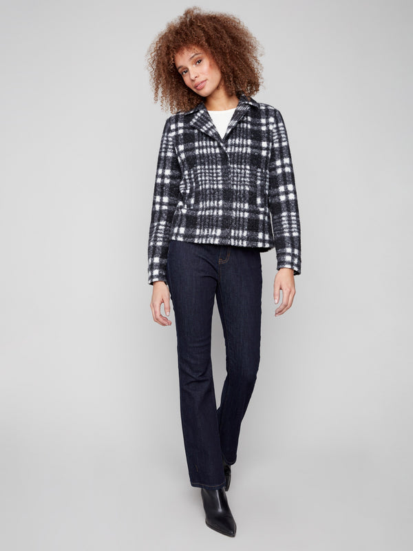 Elegant plaid boucle knit coat with notch lapel collar, perfect for a sophisticated ensemble by Charlie B.