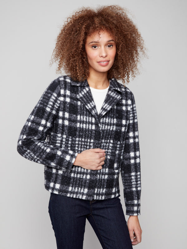 Stylish plaid boucle knit coat with convenient welt pockets, blending functionality and fashion by Charlie B.