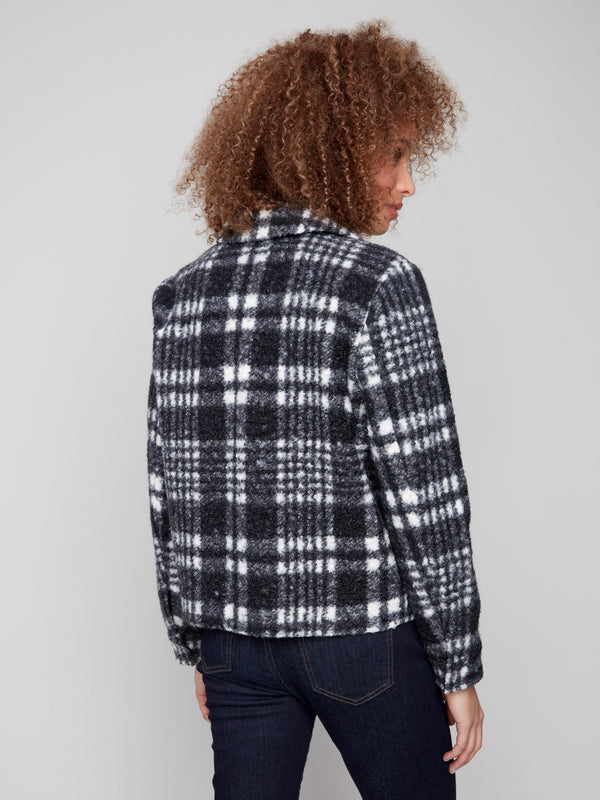 Chic plaid boucle knit fabric short coat ideal for adding texture and warmth to your wardrobe by Charlie B.