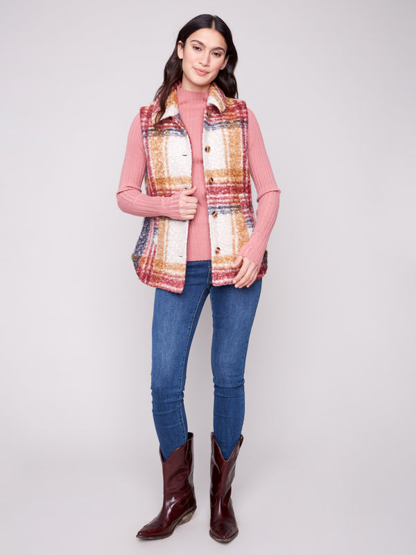 Plaid boucle knit vest in cabernet featuring a stylish spread collar and button front design by Charlie B.