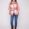 Plaid boucle knit vest in cabernet featuring a stylish spread collar and button front design by Charlie B.