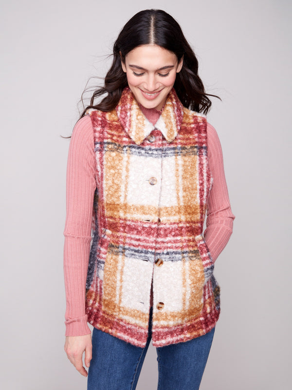 Cabernet plaid vest with button front and cozy bouclé knit fabric for a chic look by Charlie B.