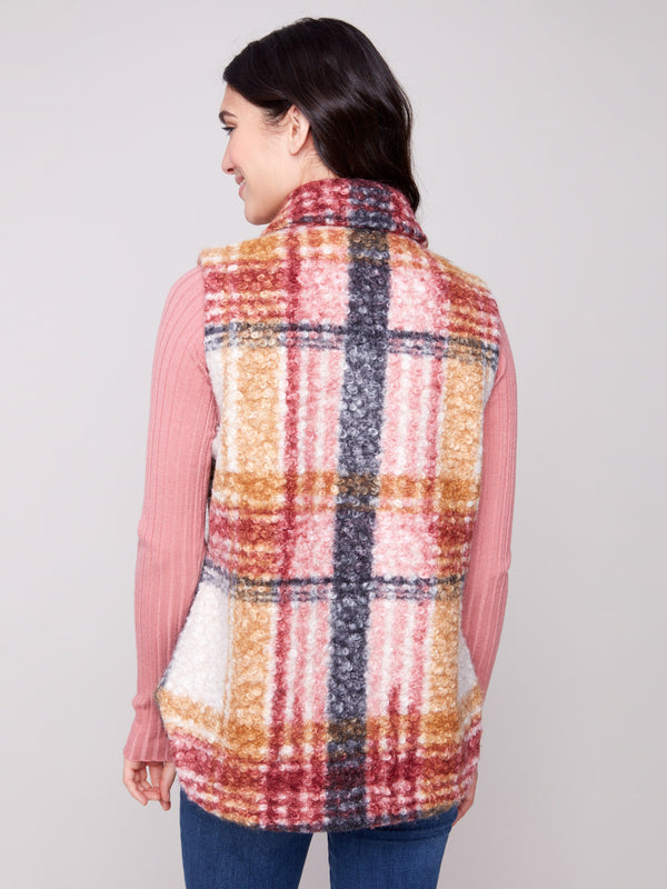 Elegant cabernet plaid vest showcasing welt pockets and soft bouclé knit texture by Charlie B.