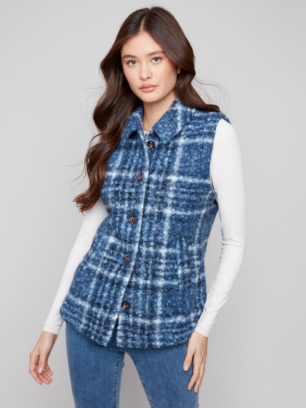 Plaid boucle knit vest featuring a spread collar in moonlight, adding a touch of elegance to any outfit by Charlie B.