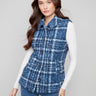 Plaid boucle knit vest featuring a spread collar in moonlight, adding a touch of elegance to any outfit by Charlie B.
