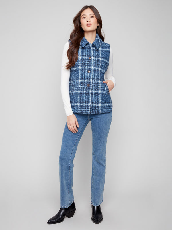 Moonlight plaid vest with button front closure crafted from soft boucle knit fabric for ultimate comfort by Charlie B.