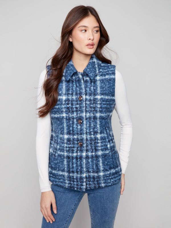 Chic plaid vest with classic button front and spread collar design in cozy boucle knit fabric by Charlie B.