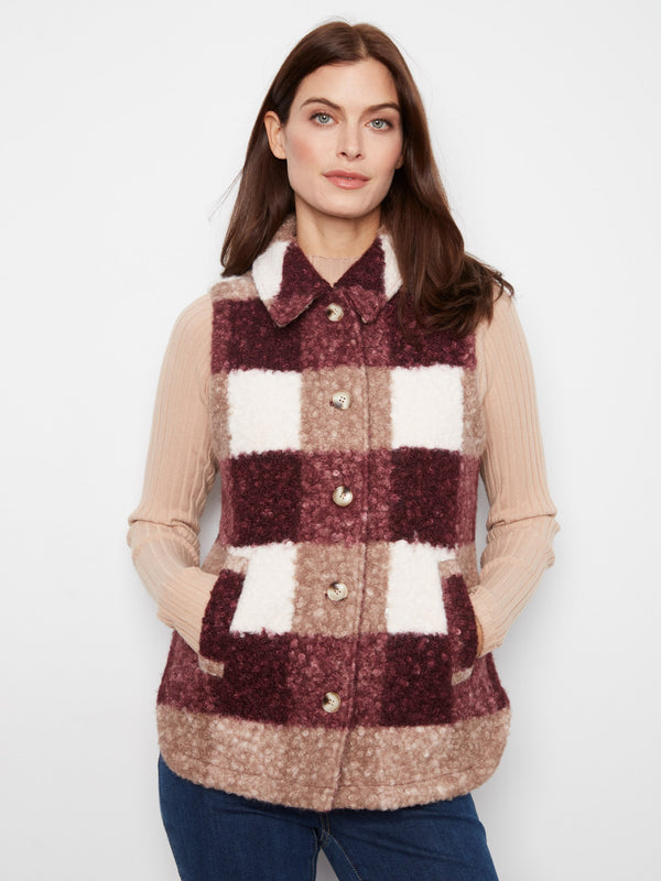 Plaid Bouclé Knit Vest - Merlot