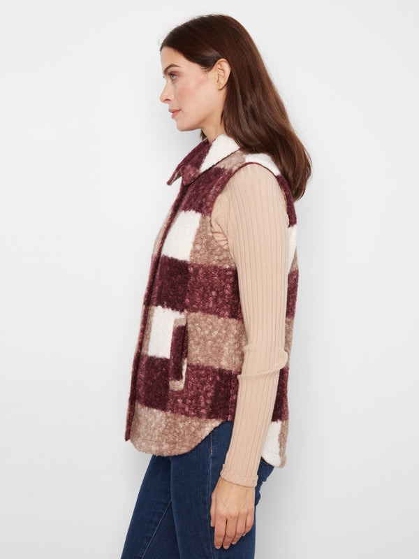 Plaid Bouclé Knit Vest - Merlot