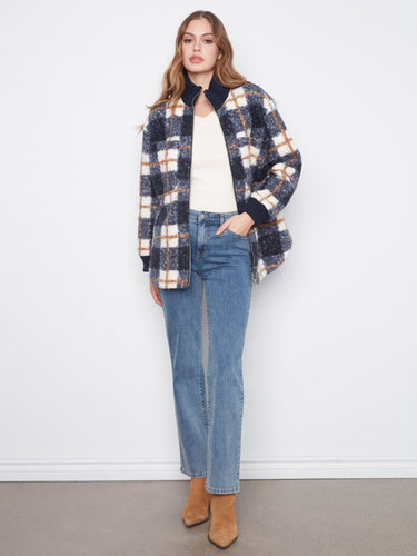 Chic plaid jacket with a ribbed stand collar, adding a touch of elegance to your casual ensemble. Designed by Charlie B.