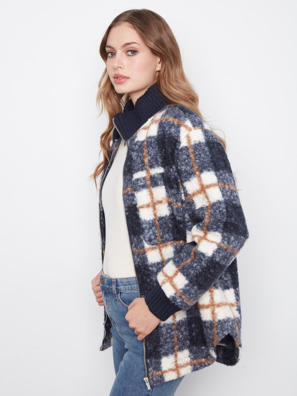 Plaid Bouclé Zip-Up Jacket - Midnight