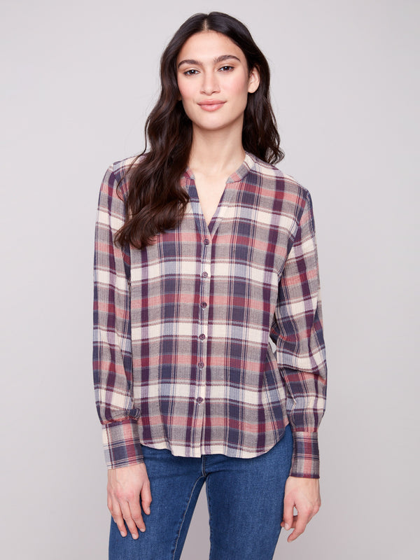 Berry plaid shirt featuring a stylish Mao collar and comfortable cotton-blend fabric by Charlie B.