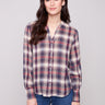 Berry plaid shirt featuring a stylish Mao collar and comfortable cotton-blend fabric by Charlie B.