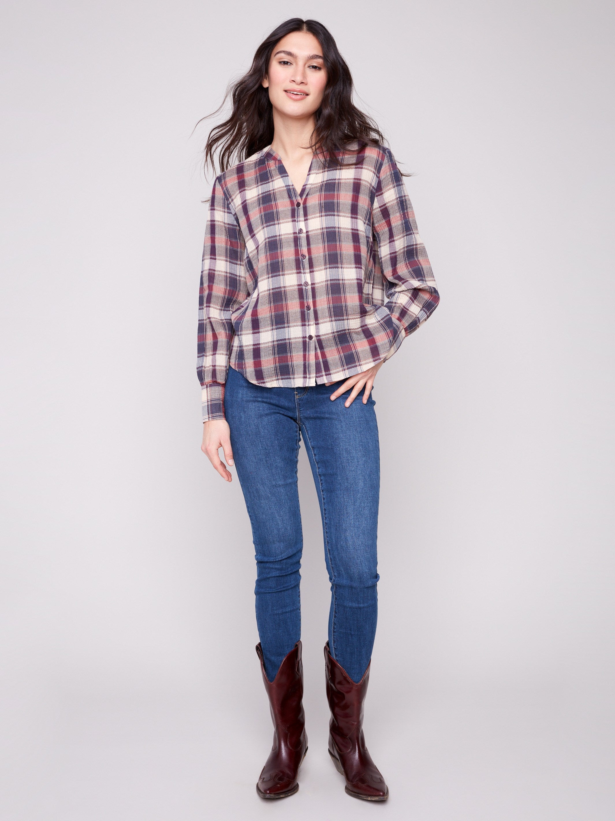 Plaid bubble gauze shirt with button-down closure, perfect for casual outings by Charlie B.