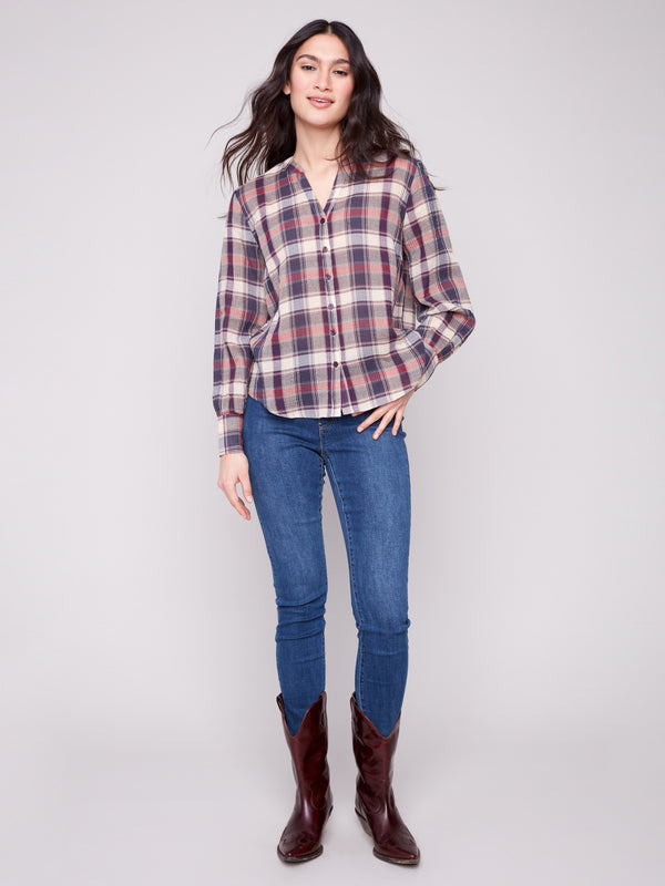 Plaid bubble gauze shirt with button-down closure, perfect for casual outings by Charlie B.
