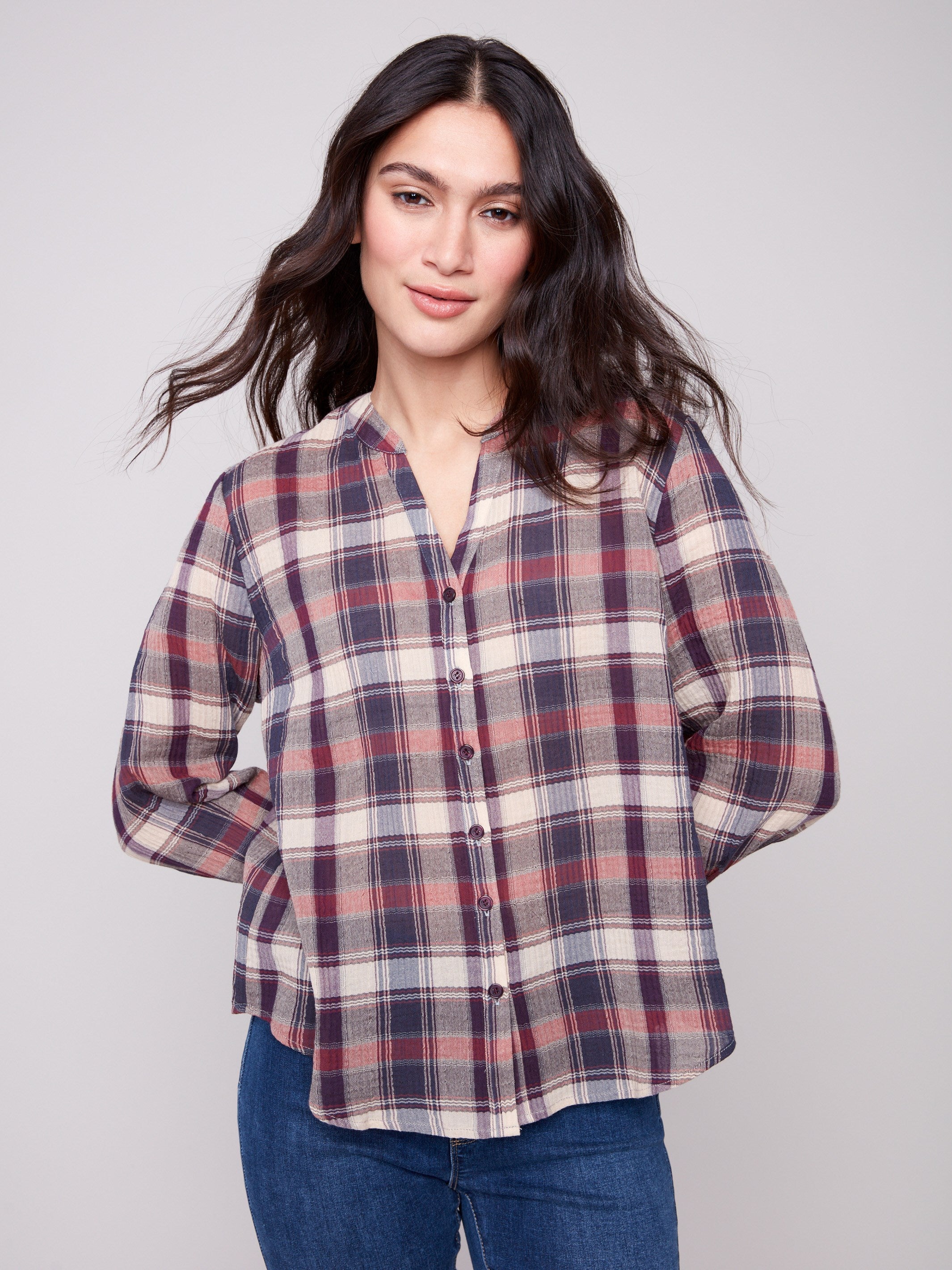 Fashionable berry plaid shirt with elegant blouson cuffs for a chic look by Charlie B.
