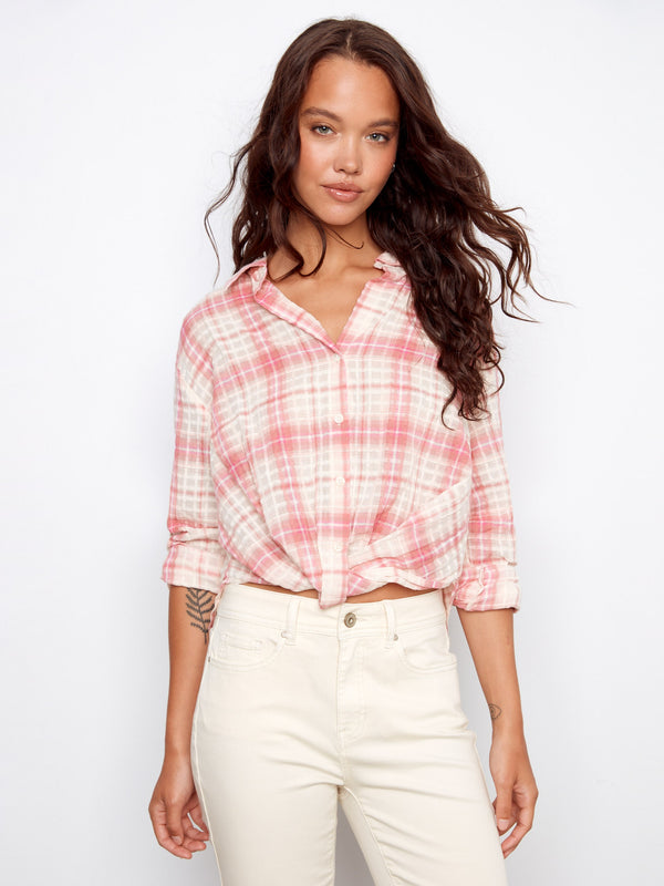 Shirt with roll-up sleeves and button tab in a delightful plaid pattern, ideal for versatile styling by Charlie B.