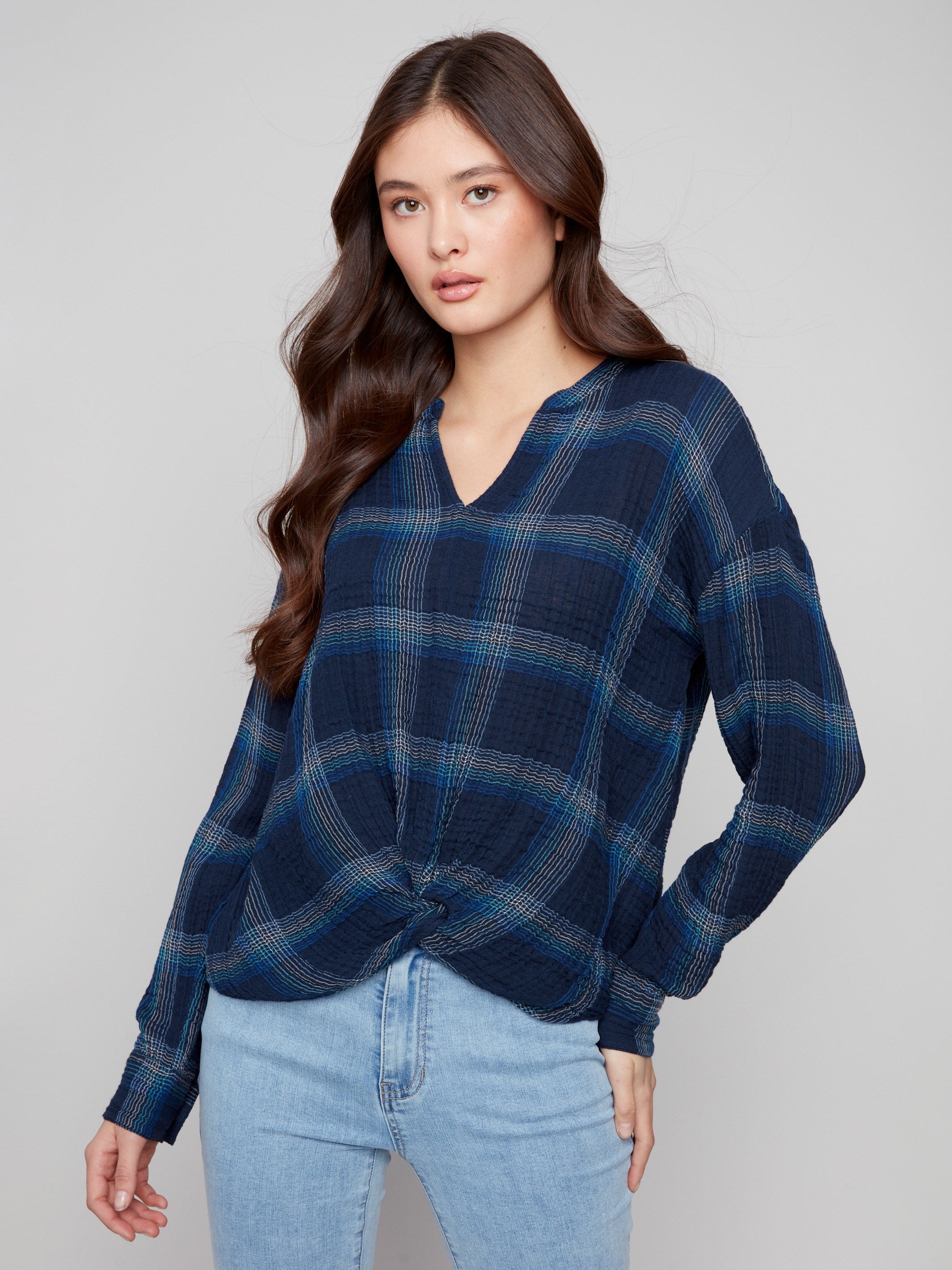 Blue plaid blouse featuring a stylish V-neck with Mao collar, perfect for casual outings by Charlie B.