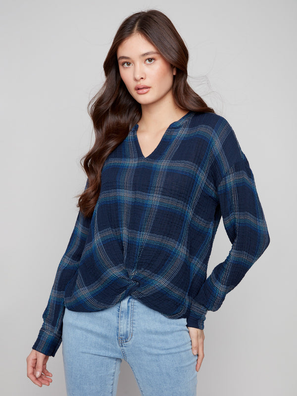 Blue plaid blouse featuring a stylish V-neck with Mao collar, perfect for casual outings by Charlie B.