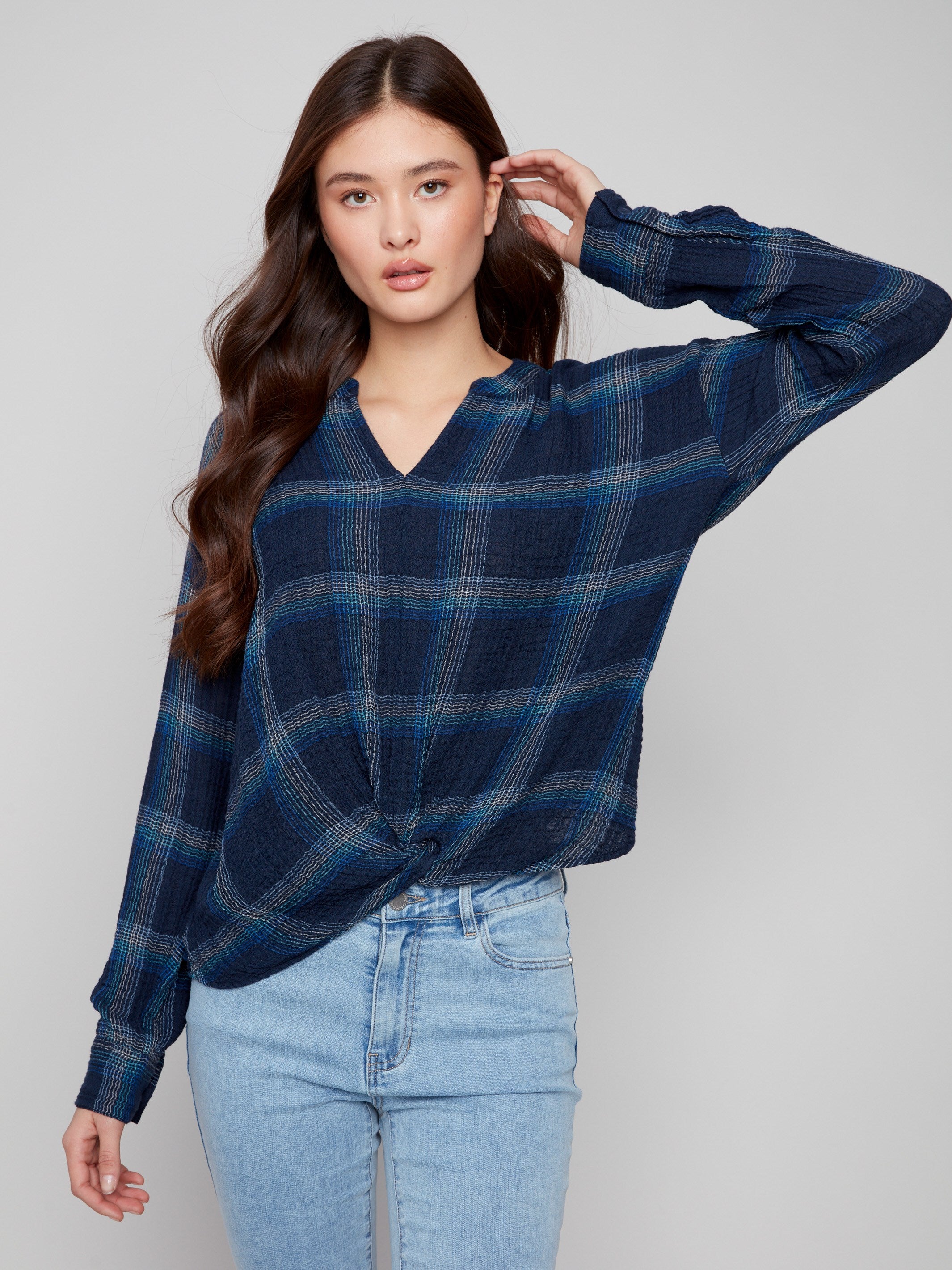 Chic blue plaid blouse with drop shoulders for a relaxed yet fashionable look by Charlie B.