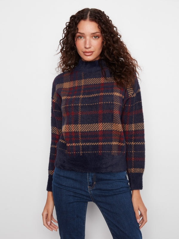 Plaid Eyelash Mock Neck Sweater - Monroe
