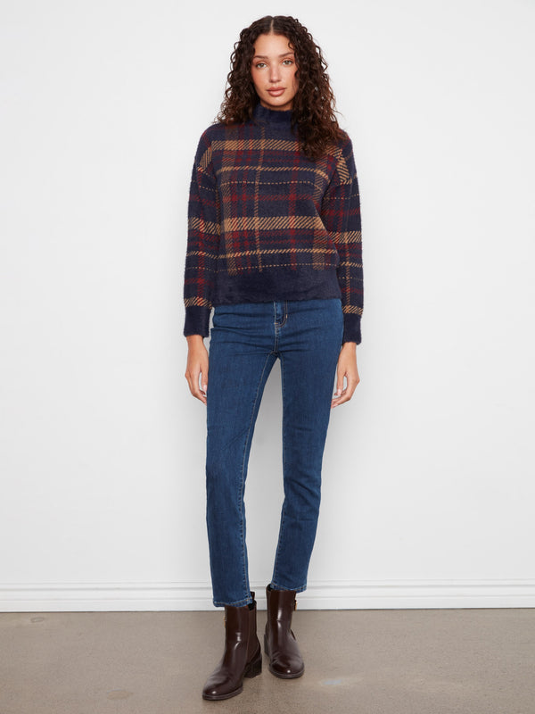 Plaid Eyelash Mock Neck Sweater - Monroe