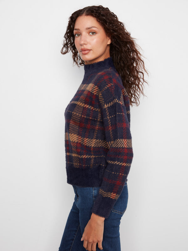 Plaid Eyelash Mock Neck Sweater - Monroe