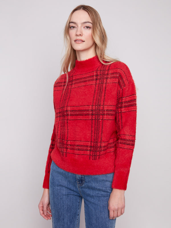 Red plaid sweater with a cozy mock neck, perfect for a relaxed fit and casual outings by Charlie B.