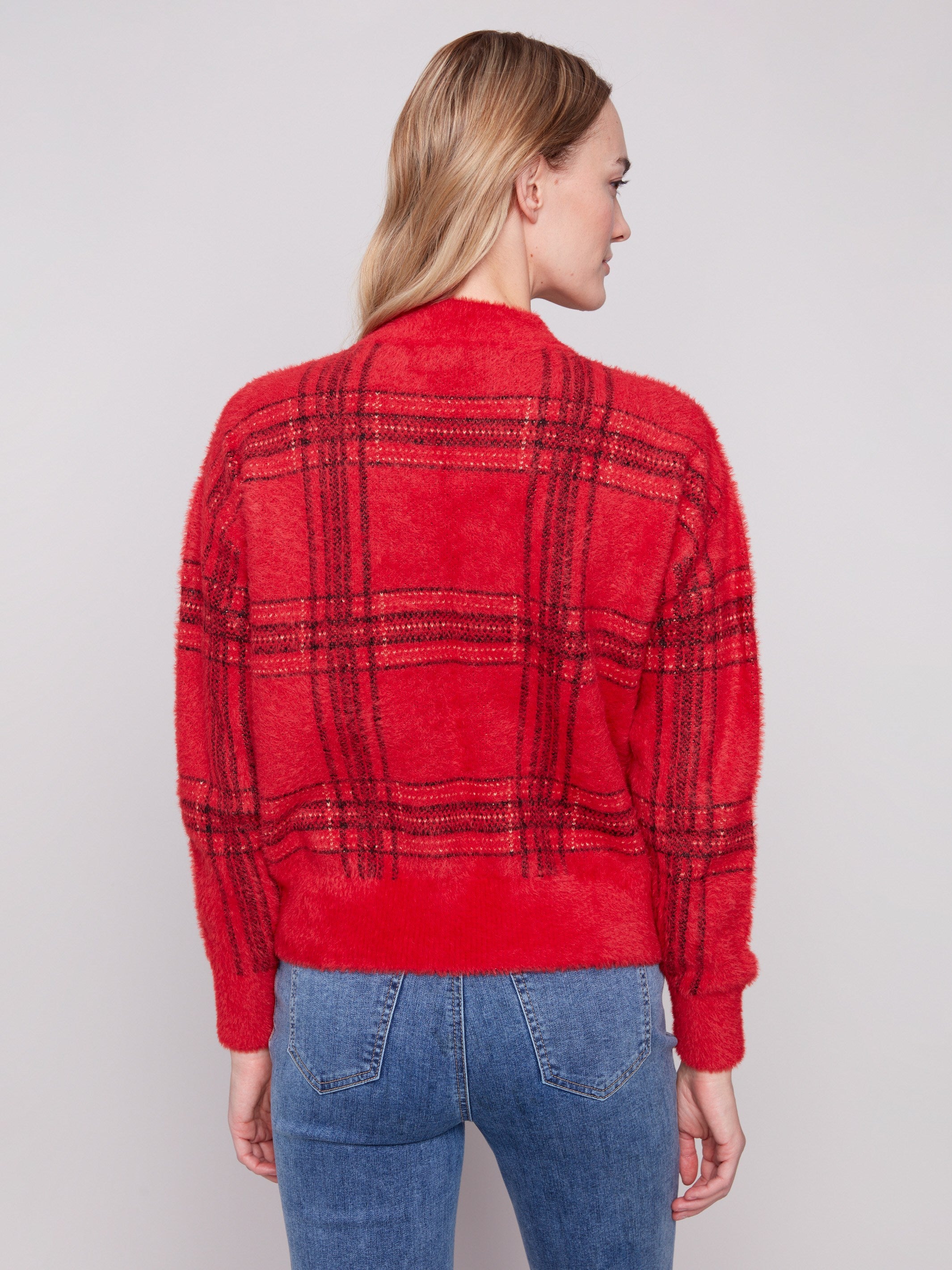 Relaxed fit red plaid sweater with long sleeves, ideal for layering in cooler weather by Charlie B.